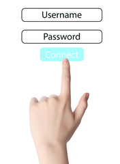 Illustration of authorization interface and woman pressing button CONNECT on white background,...
