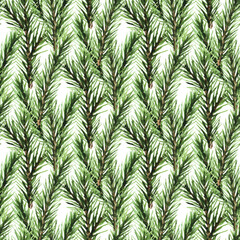 Christmas tree branches watercolor seamless pattern background for fabric, wallpaper, wrapping paper.