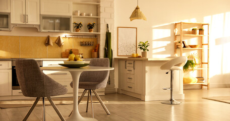 Modern kitchen interior with stylish white furniture. Banner design