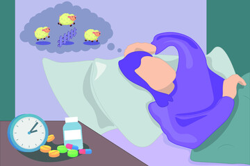 Tired woman trying to fall asleep counting sheep in bed, vector illustration. Sleep disorder