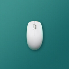 Modern wireless computer mouse on teal background, top view