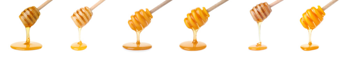 Tasty natural honey dripping from dippers on white background, collage. Banner design
