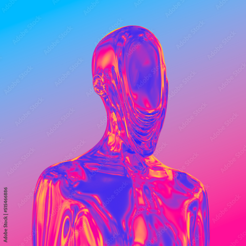 Poster abstract concept sculpture illustration from 3d rendering of chrome metal reflecting female figure w