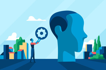 Uomo che mette un ingranaggio nel cervello umano