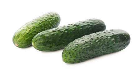 Whole fresh green cucumbers on white background