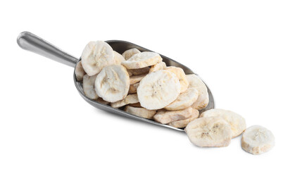 Scoop with freeze dried bananas on white background