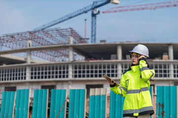 Asian engineer working at site of a large building project,Thailand people,Work overtime at construction site