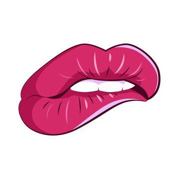 Women Lips In A Modern Style. Isolated On White Background Illustrations Of A Female Mouth. Erotic Puffy Lips Stickers.
