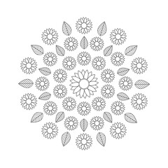 Black and white mandala with flowers and leaves. Coloring book page. Vector illustration.
