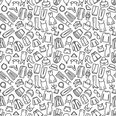 Seamless pattern with woman clothes and accessories line icon. Vector illustration