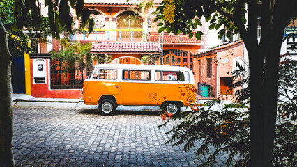 orange westfalia kombi combi parked in tropical beautiful summer paradise for van lifers  © Michele