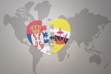 puzzle heart with the national flag of brunei and serbia on a world map background.Concept.