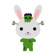 Cute little Halloween rabbit in a Frankenstein costume. Cartoon animal character for kids t-shirts, nursery decoration, baby shower, greeting card, invitation. Vector stock illustration