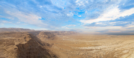 Israel Panoramic views from Masada Fortress in National Park in Negev Judaean Desert near Dead Sea.