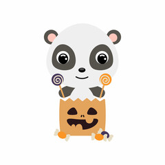 Cute Halloween panda sitting in a trick or treat bag with candies. Cartoon animal character for kids t-shirts, nursery decoration, baby shower, greeting card, invitation. Vector stock illustration