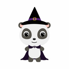 Cute little Halloween panda in a wizard costume. Cartoon animal character for kids t-shirts, nursery decoration, baby shower, greeting card, invitation, house interior. Vector stock illustration
