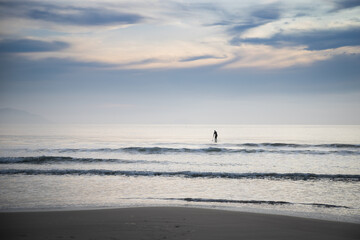 Fototapeta na wymiar paddle boarder on the beach at sunrise