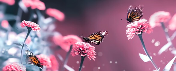 Monarch butterflies and pink summer flowers in a fairy summer garden. Banner format.