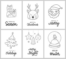 set of christmas greeting cards, posters, prints, invitations, stickers, nursery room decor, etc. Hand drawin cartoon doodles with letteting quotes. EPS 10