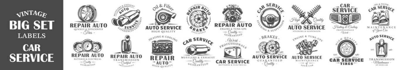Fototapeta na wymiar Set of vintage car service labels. Templates for the design of logos and emblems. Collection of car service symbols: tire, engine, muffler. Vector illustration