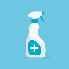 Hand disinfectant bottle and disinfection spray in trendy flat style. Antiseptic template. Vector illustrations isolated.