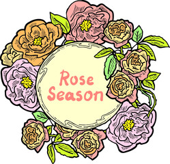 Beautiful roses decorative frame composition for quotes, wedding, birthday to celebrate special day. Floral border. Romantic flowers to decorate event. Vector illustration. Vintage style drawing.