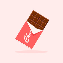 Chocolate bar in opened red wrapped and foil. Dessert template. Vector illustration in trendy flat style isolated.
