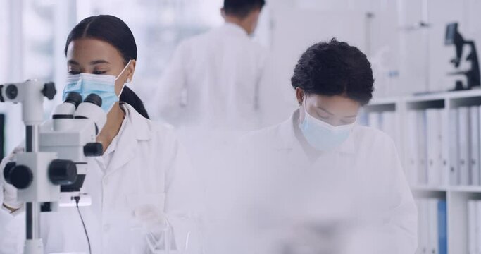 Two scientists using a microscope and digital tablet in a laboratory while doing sample analysis. A diverse female team of specialists wearing masks, working in an advanced lab, looking for a cure