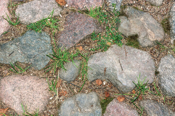 Fragment of a footpath lined with cobblestones and large stones with sand and grass. For use as abstract backgrounds and textures.