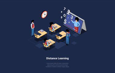 Concept Of Distance Learning. Students Sit At Desks In Modern Classroom, Listen To Teacher On Tablet Screen. Characters Have An Remote Lecture In Classroom. Isometric Cartoon 3d Vector Illustration