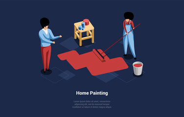 Home Renovation Concept. Professional Construction Work. Character Making Renovation In House. Craftsman With Roller In Hands. Character Painting Floor With Roller. Isometric 3d Vector Illustration