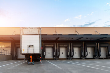 Innovative modern logistics warehouse center complex building exterior bay gate semi-trailer...