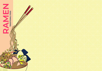 Colored illustration of Asian Noodle. Example of menu. Background with pattern and free space for text
