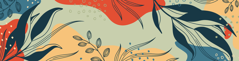 Botanical banner with organic shapes, leaves, plants. Abstract natural elements in trendy doodle style for holiday, business. Modern, trendy vector background, template, greeting card. Simple, minimal