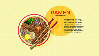 Colored illustration of Asian Noodle. Example of menu. Recipes of traditional food