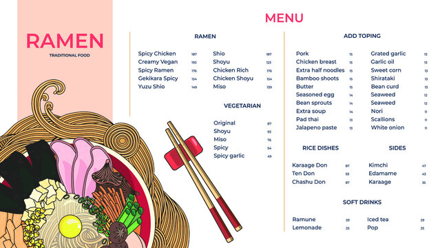 Bundle of of traditional Chinese or Japanese meal with noodles. Tasty Asian soup. Traditional dish. Example for menu