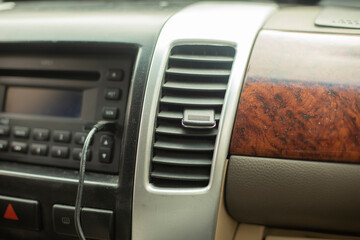 Interior of car. Machine from inside. Interior of car. Panels and handles in transport.