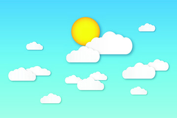 Clear summer sky with white fluffy clouds. Summer vector background with sun and clouds. Paper cut and digital crafts style. copy space for text.
