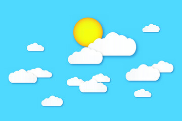 Clear summer sky with white fluffy clouds. Summer vector background with sun and clouds. Paper cut and digital crafts style. copy space for text.

