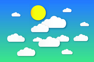 Clear summer sky with white fluffy clouds. Summer vector background with sun and clouds. Paper cut and digital crafts style. copy space for text.
