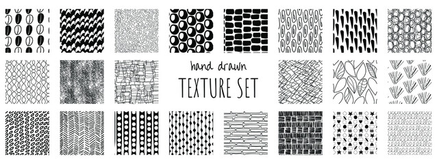 Plakat Set of hand drawn black on white seamless textures. Vector illustration for texture paper, packaging printing, fabric, wallpaper, etc.