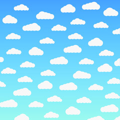 Clear summer sky with white fluffy clouds. Summer vector background with sun and clouds. Paper cut and digital crafts style. copy space for text.

