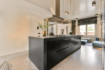 Contemporary minimalist style interior design of light studio apartment with wooden table and...