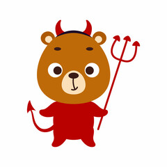 Cute little Halloween bear in a devil costume. Cartoon animal character for kids t-shirts, nursery decoration, baby shower, greeting card, invitation, house interior. Vector stock illustration