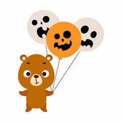 Cute little bear holding Halloween balloons. Cartoon animal character for kids t-shirts, nursery decoration, baby shower, greeting card, invitation. Vector stock illustration
