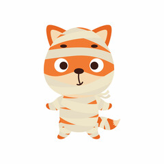 Cute little Halloween fox in a mummy costume. Cartoon animal character for kids t-shirts, nursery decoration, baby shower, greeting card, invitation, house interior. Vector stock illustration
