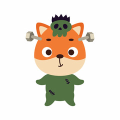 Cute little Halloween fox in a Frankenstein costume. Cartoon animal character for kids t-shirts, nursery decoration, baby shower, greeting card, invitation. Vector stock illustration