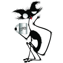 Kat met koffiemok, magere en grappige stripfiguur vectorillustratie geïsoleerd op wit