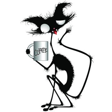 Cat with Coffee Mug, Skinny and Funny Cartoon Character Vector Illustration isolated on white