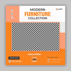 Modern furniture social media post with white background, yellow and black shapes template. Furniture advertisement social media post design.
